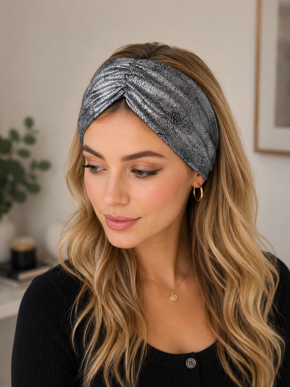 Silver Crackle Faux Leather Fabric Turban Headband